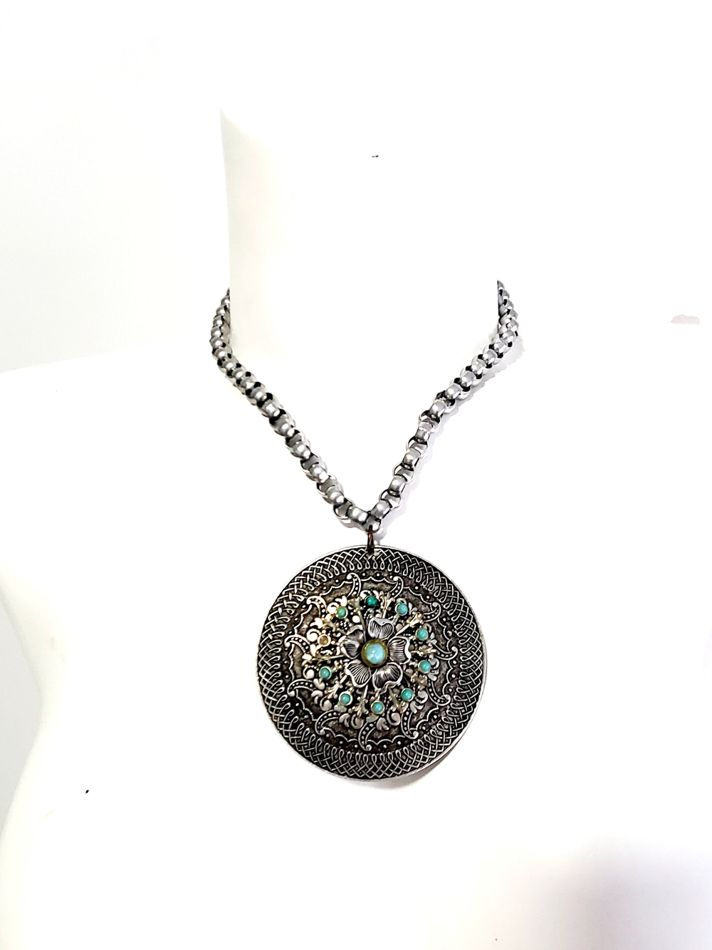 Silver-Tone Floral Medallion Necklace with Turquoise Accents - Unbranded
